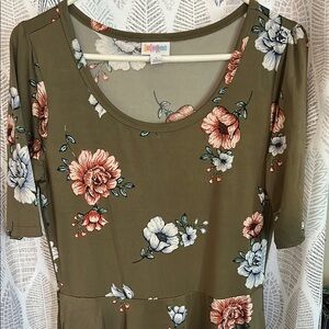 LuLaRoe Olive Green Floral Dress with Coral and White Flowers
